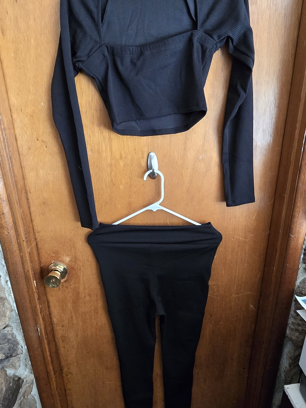 Women's Black Ribbed High-Waist Leggings Amd Crop Top Sm, Md Or Lg